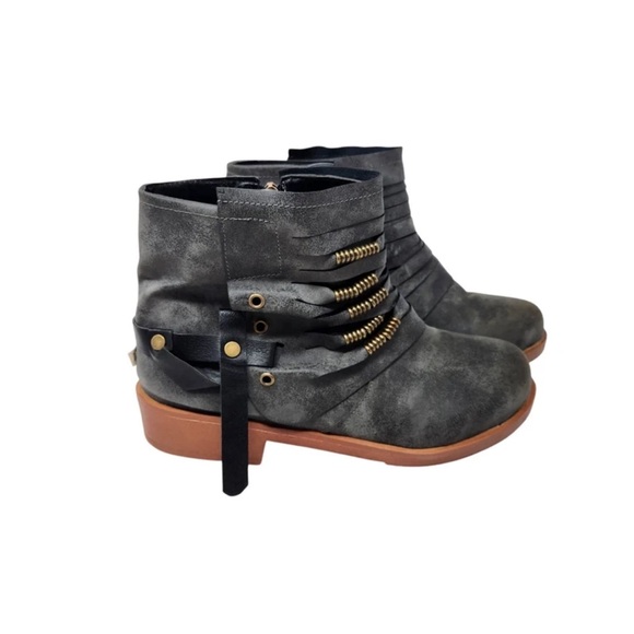 Stylish Gray Heeled Boots with Strap Accents - Picture 2 of 7